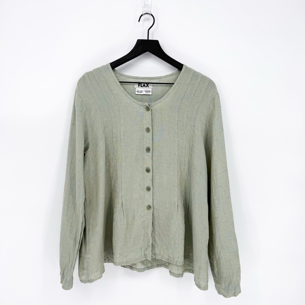 Flax 100% Linen Pleated Button Down Long Sleeve Shirt Blue Yellow Medium